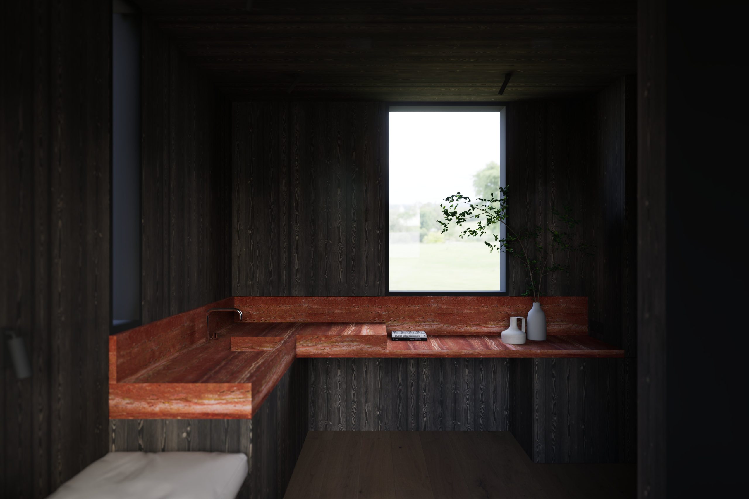 Baigal, lavabo en zitbank in gezwart hout
