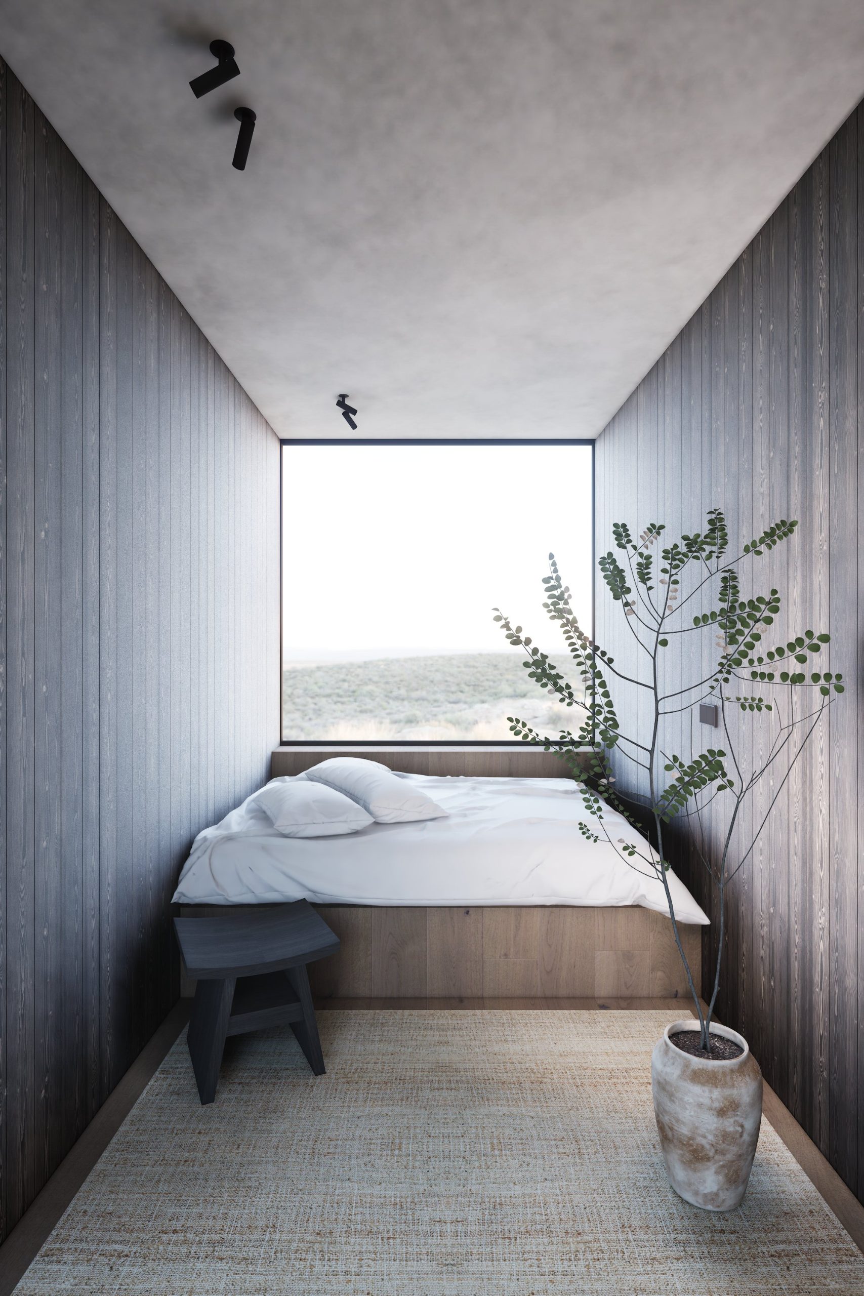 Bed onder het raam, wanden in gezwart hout