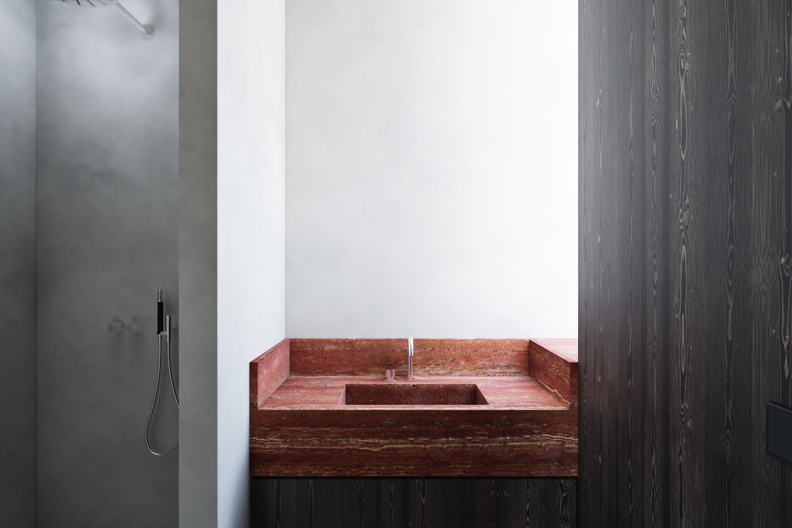 Lavabo in rood travertijn naast de douche