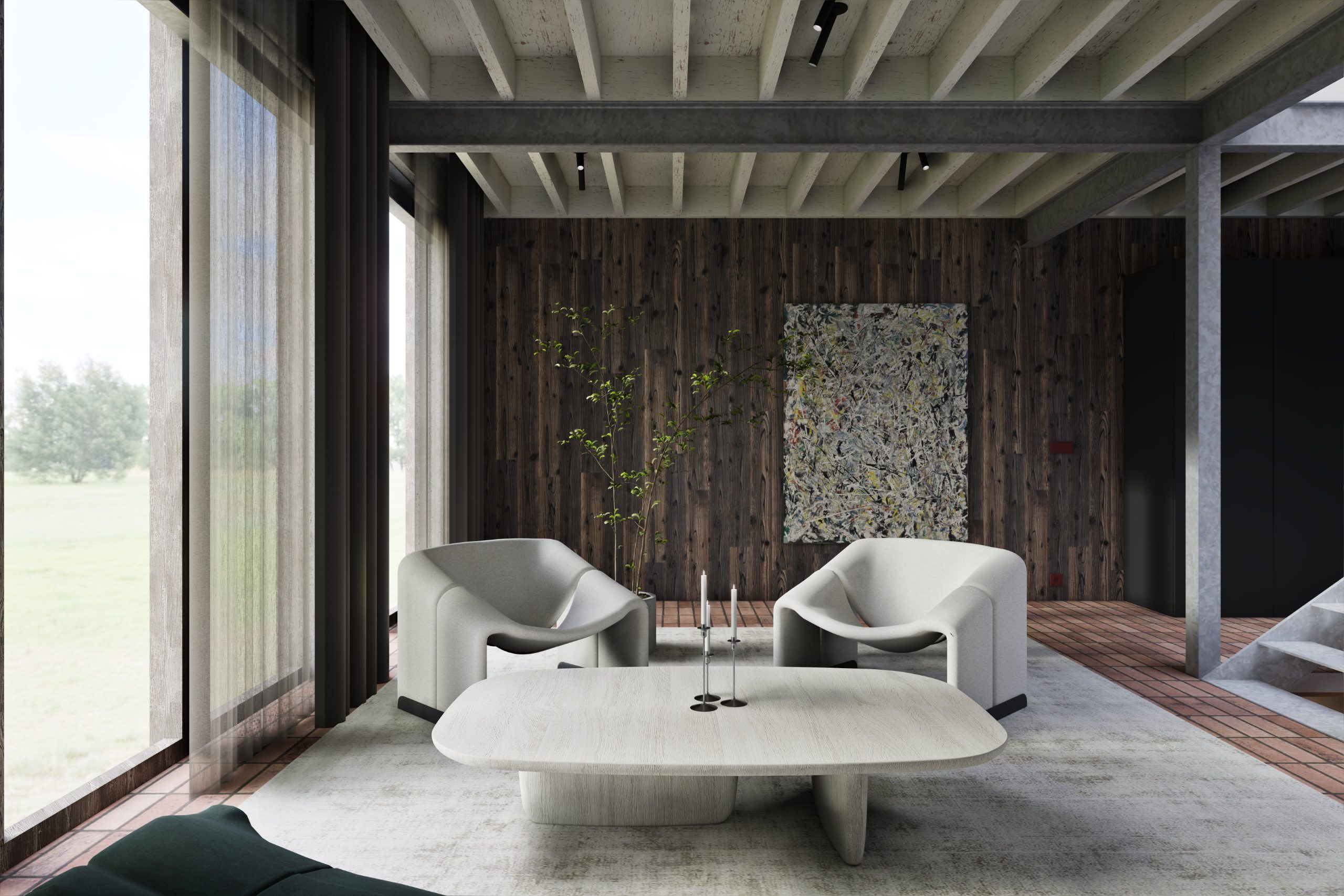 Ger, living space with circular timber ribbed ceiling and landscape window