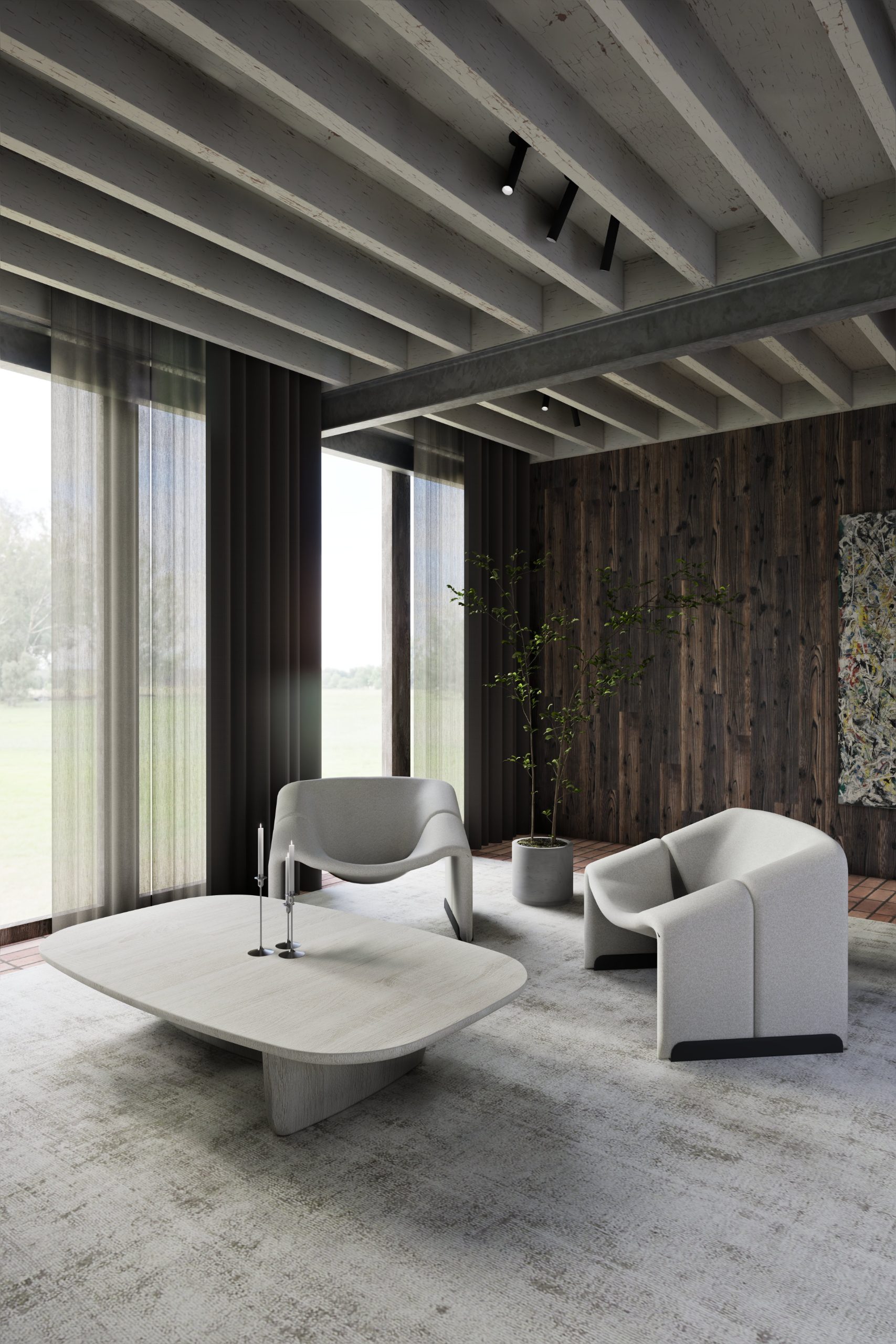 Living zone, chairs and coffee table in light wood
