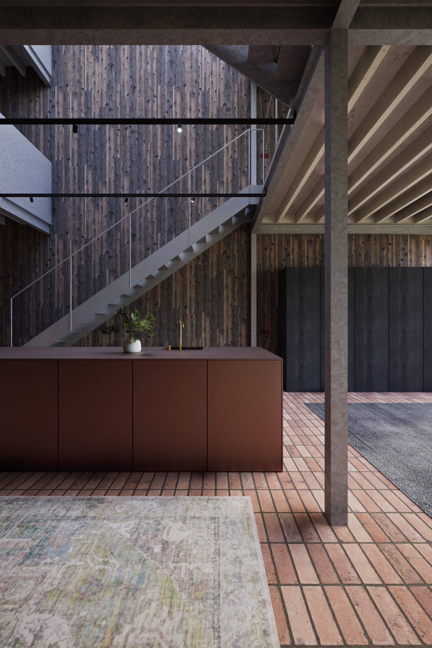 Stairs and kitchen, terracotta floor