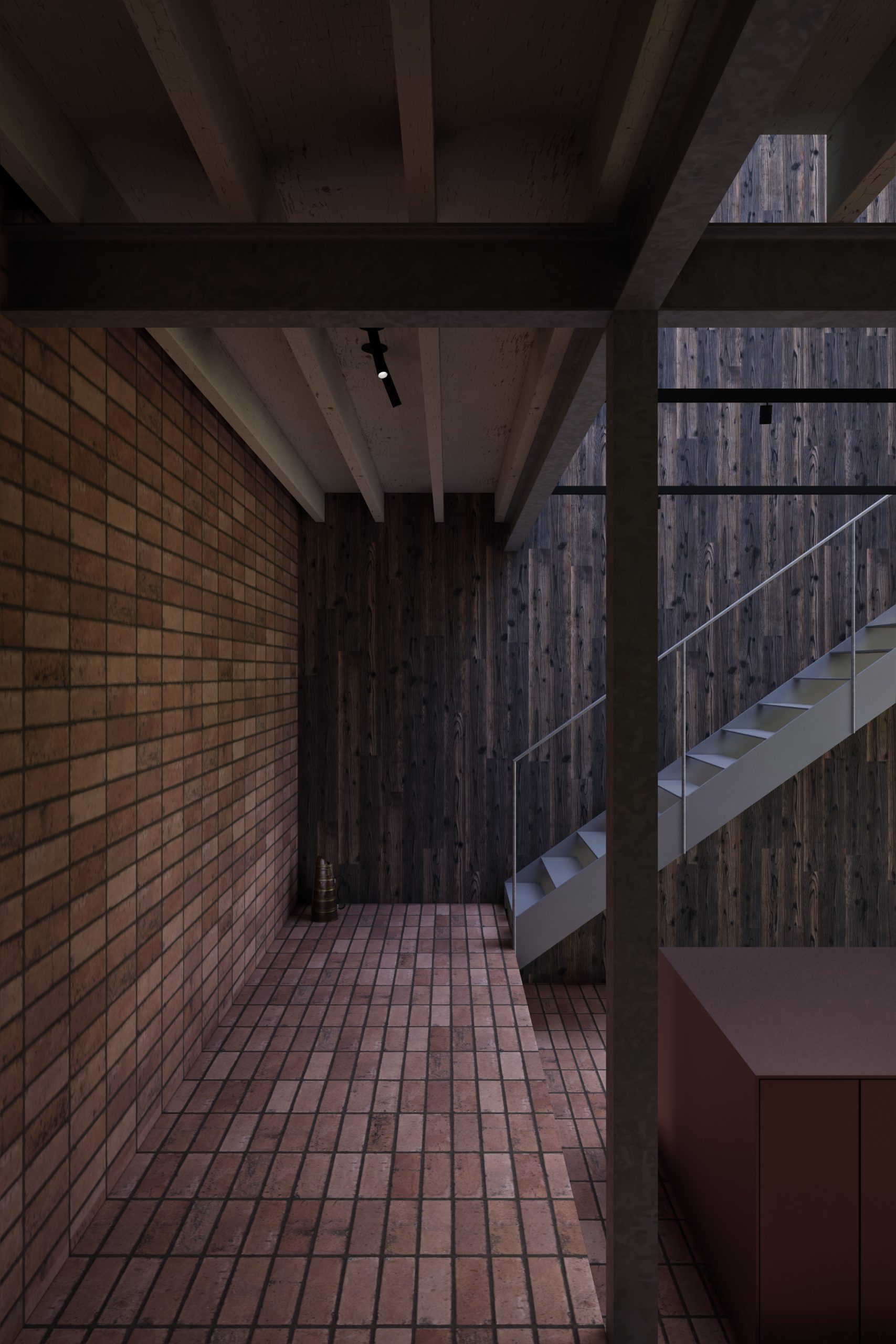 Dark hallway, terracotta and wood