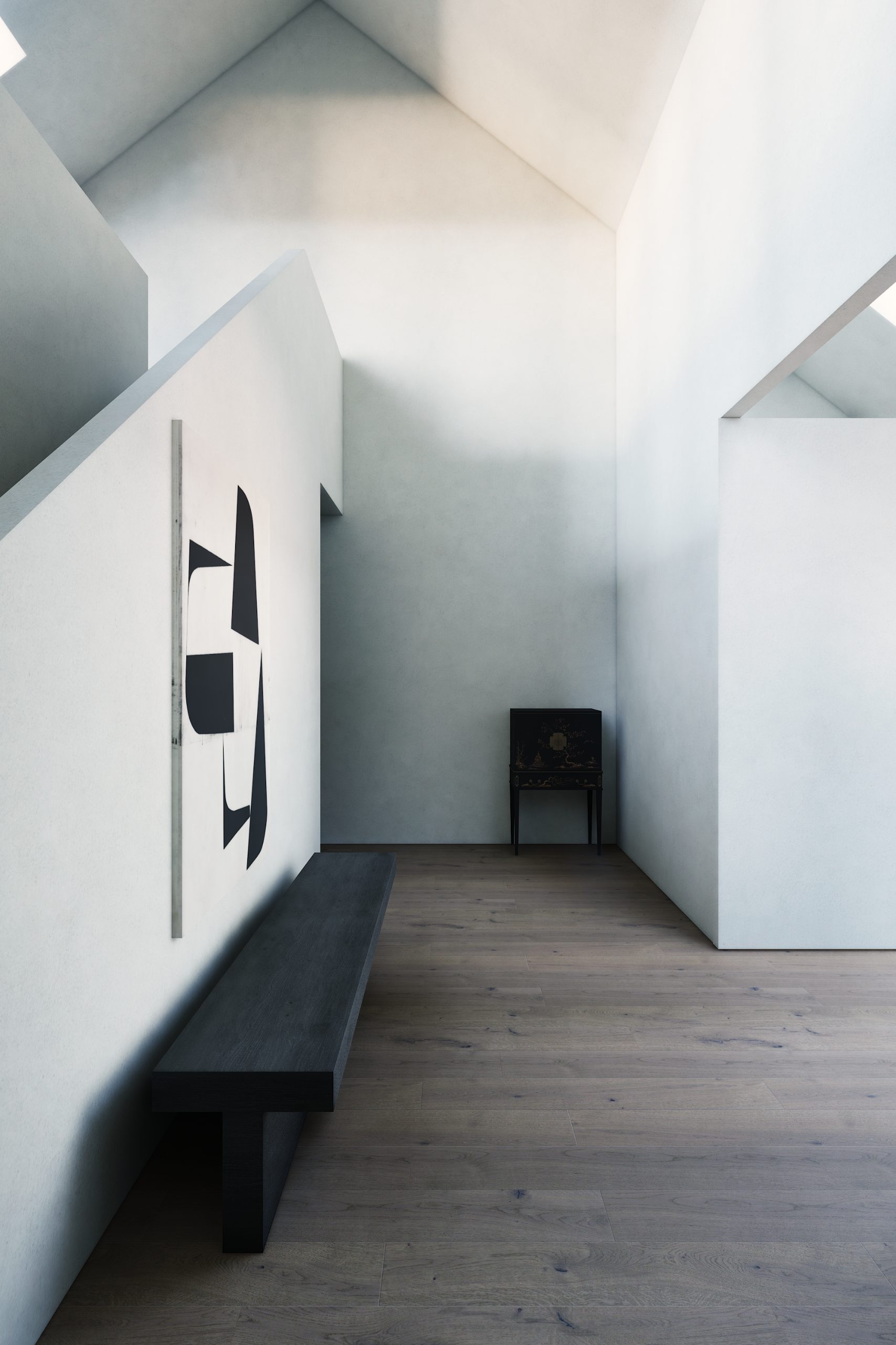 Inkom met zwart-wit kunstwerk en bank in donker eiken