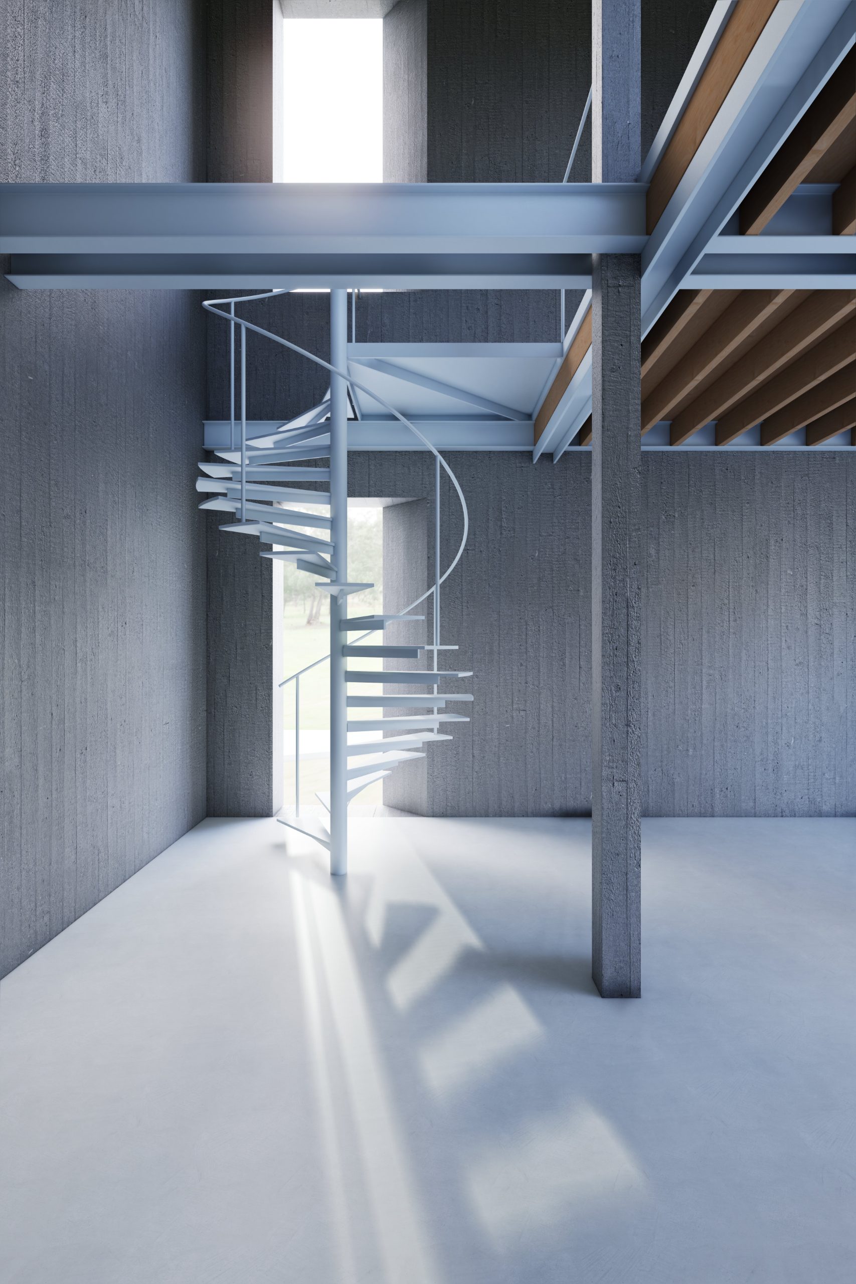 Shar, blue steel spiral staircase