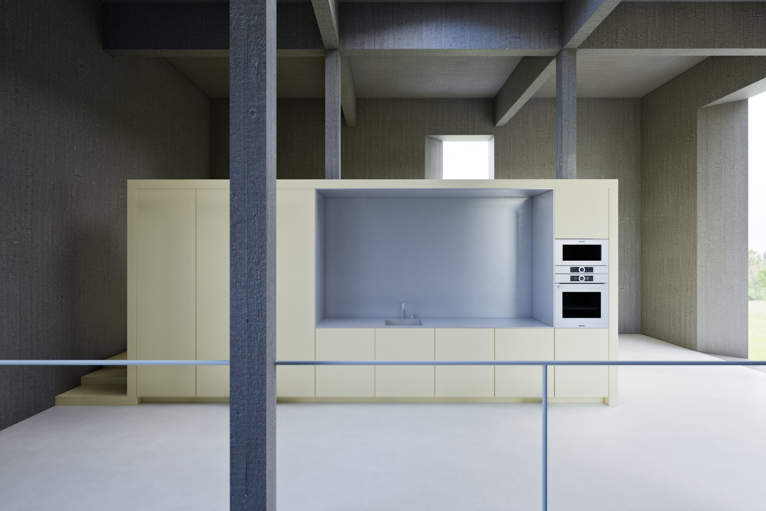 Shar, keuken in geel mortex binnen het betonnen casco