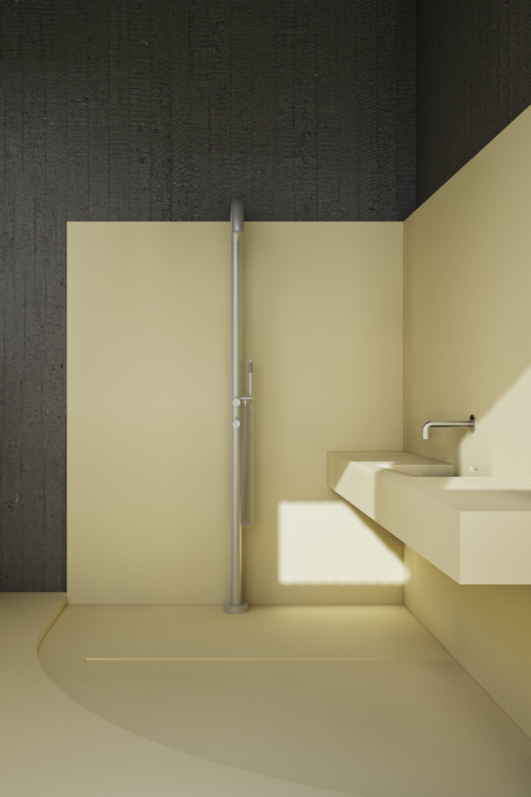 Lavabo en douche in doorlopend geel mortex